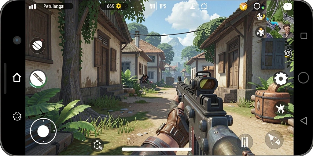 Screenshot gameplay utama 66K menampilkan aksi seru dalam TPS.