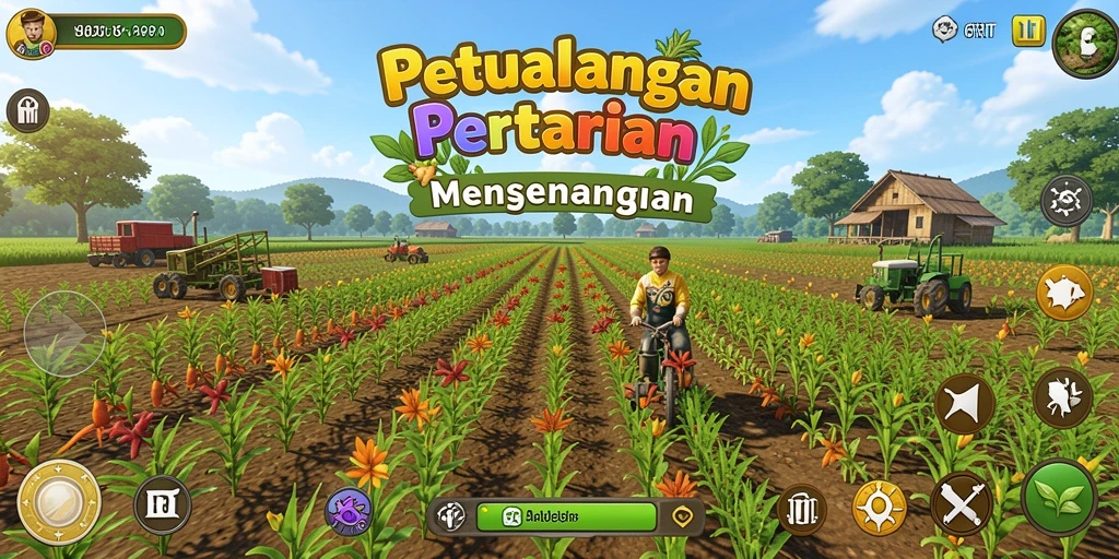 Screenshot gameplay 6RT yang menampilkan suasana ladang yang indah dan interaksi petani.