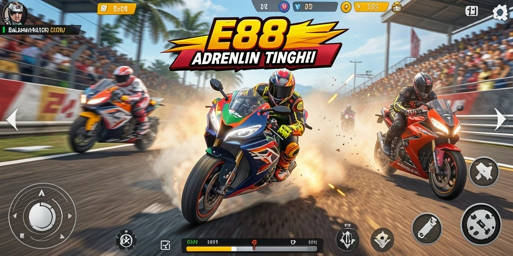 Gameplay E88 yang mendebarkan dengan motor balap cepat.