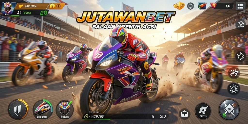 Tampilan gameplay seru dalam JUTAWANBET dengan balapan motor yang menantang.