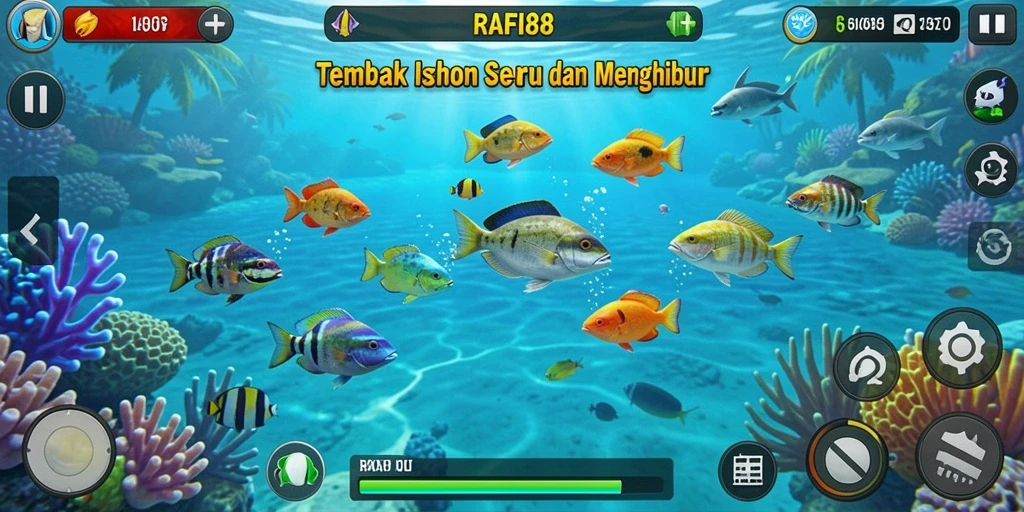 Tangkapan layar utama gameplay Tembak Ikan yang dinamis dan penuh warna.