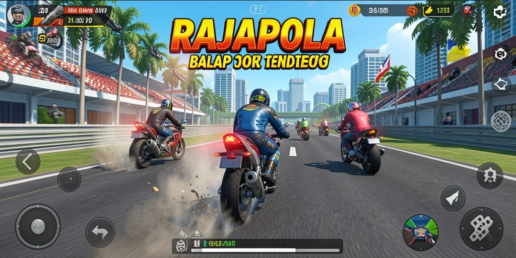 Gameplay RAJAPOLA yang mengasyikkan dengan aksi balap motor yang mendebarkan.