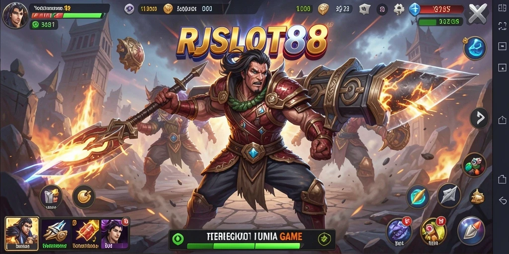 Screenshot gameplay RJSLOT88 yang menunjukkan aksi pertarungan yang intens.
