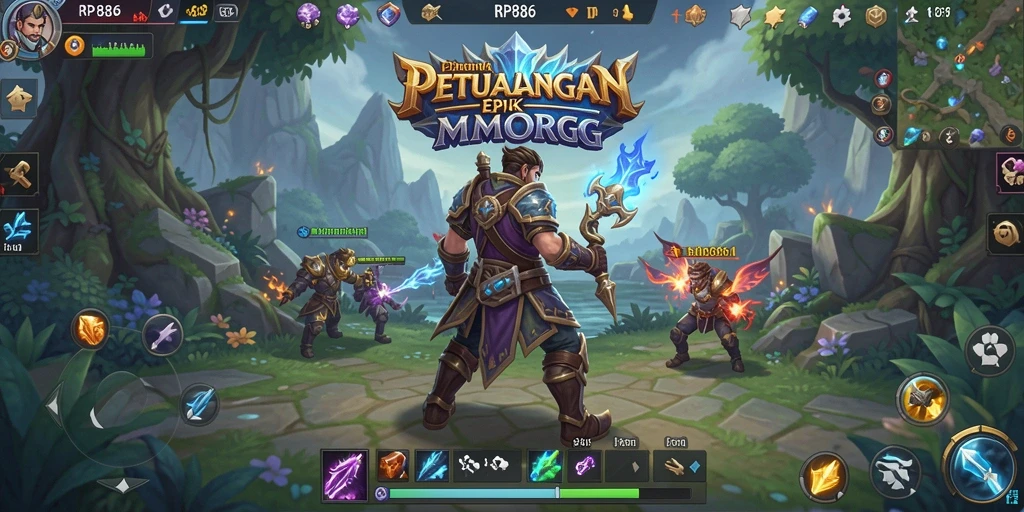 Tangkapan layar utama RP886 menampilkan aksi seru dalam pertempuran MMORPG.