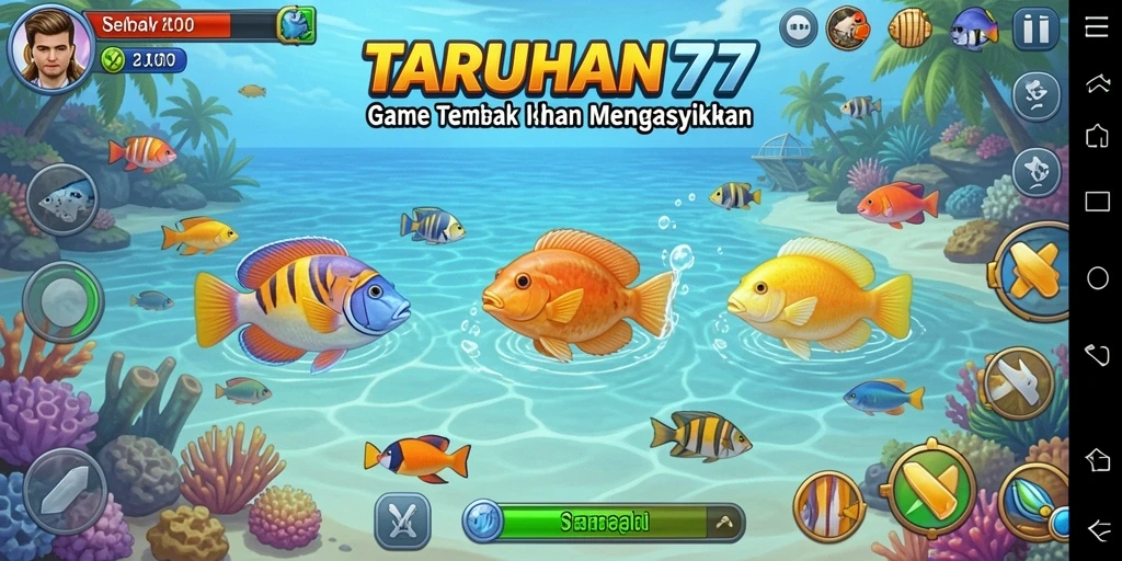 Screenshot TARUHAN77 menampilkan aksi seru menembak ikan di laut.